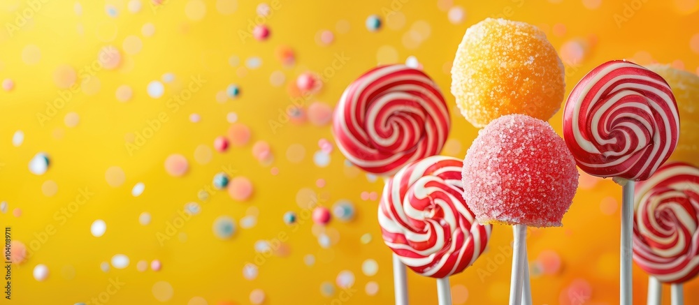 Vibrant candy pops with a bright yellow background and copy space image for personalized party invites Vibrant candy pops with a bright yellow background and copy space image for personalized party invites