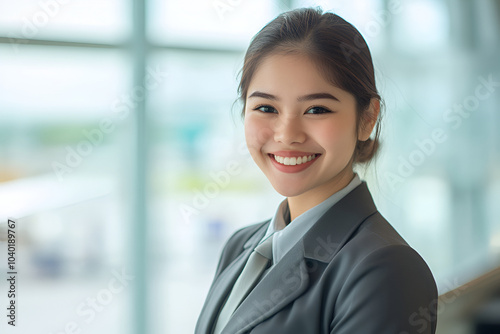 Free Download Smiling young woman in a grey formal suit, standing indoors with a blurred airport background - GFXLoad