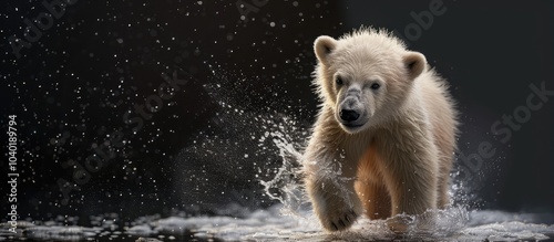 A polar bear cub strolls away from the viewer while shaking off water in a copy space image