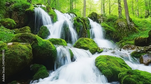 Cascading waterfall flows through a lush green forest with moss-covered rocks.