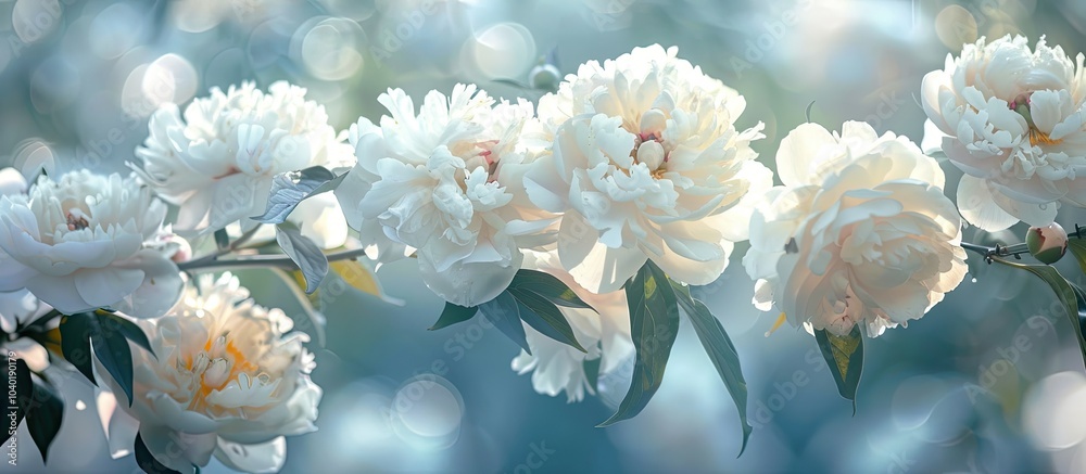 A stunning photo of white peonies blooming on a garden branch with a close up of summer and spring flowers providing a floral blooming park vista with copy space image A stunning photo of white peonies blooming on a garden branch with a close up of summer and spring flowers providing a floral blooming park vista with copy space image