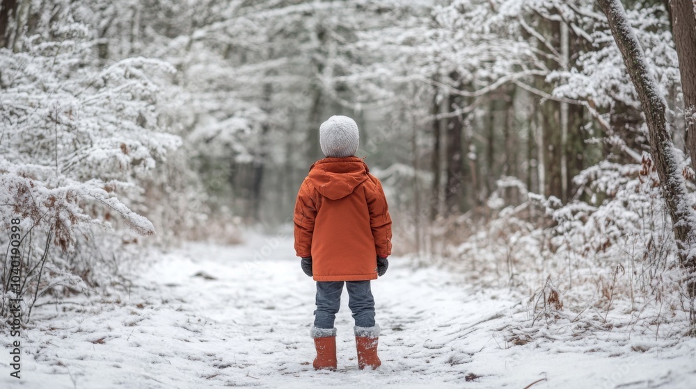 A child wearing a bright orange jacket, grey pants, and a white hat is walking on a snow-covered path through a snowy forest. The child is looking forward, with their back to the camera. A child wearing a bright orange jacket, grey pants, and a white hat is walking on a snow-covered path through a snowy forest. The child is looking forward, with their back to the camera.
