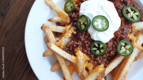 Chili cheese fries topped with sour cream and jalapenos.