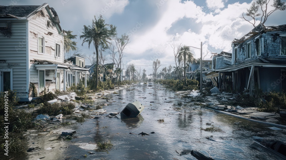 Severe hurricane damage with flooded streets and destroyed houses Stock ...