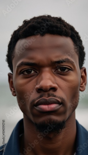 Close-up portrait of a melancholic African American male gazing directly into the camera