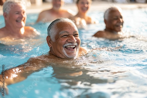 Happy Senior Man Swimming in a Pool photo