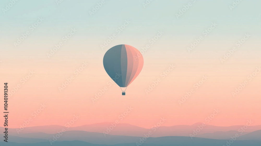 Fototapeta premium A minimalist hot air balloon drifts gently over tranquil mountain ranges, illuminated by the soft hues of dawn. Generative AI