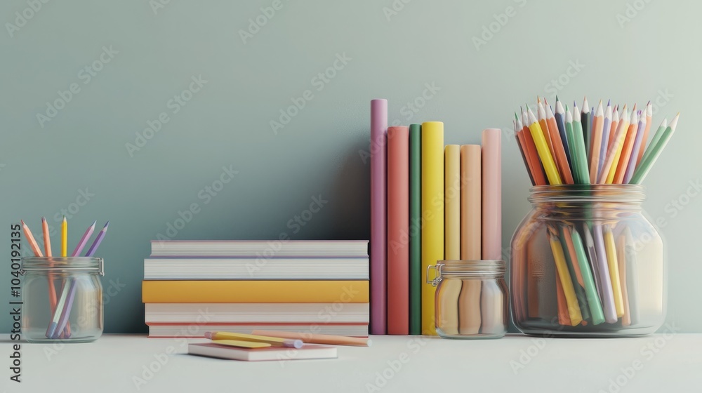 Stacked books, pencil jars, colored pencils in 3D isolated Stacked books, pencil jars, colored pencils in 3D isolated
