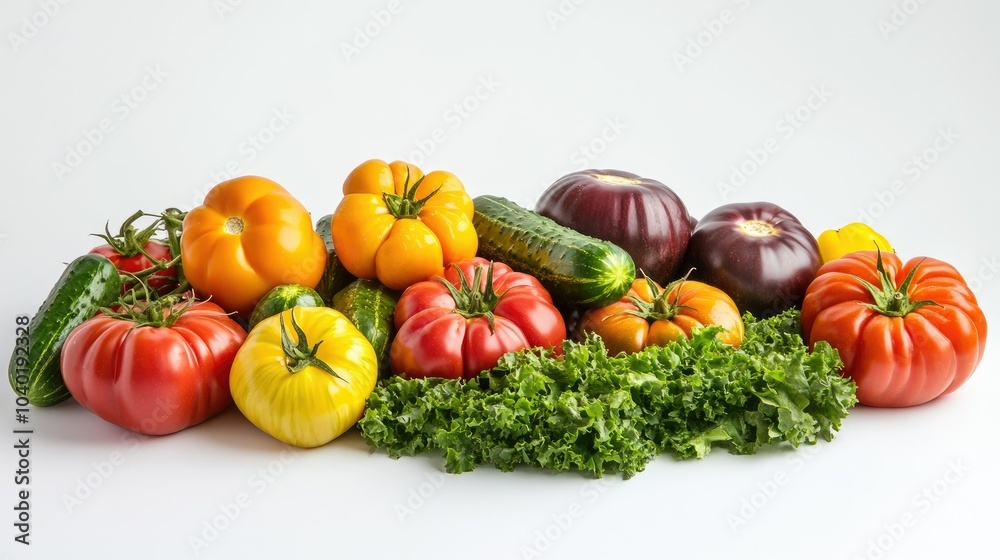 Heirloom tomatoes, cucumbers, and greens arranged with copy space available Heirloom tomatoes, cucumbers, and greens arranged with copy space available