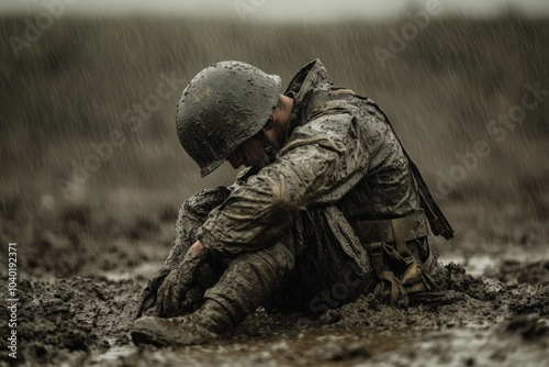 A soldier, wearing a helmet, sits in a rain-soaked muddy field, appearing weary and pensive. The image captures the harshness and solitude of a soldier's experience. photo