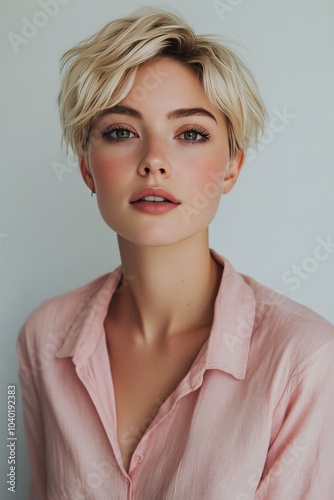 Young woman with short blonde hair poses in soft pink shirt against light bac...