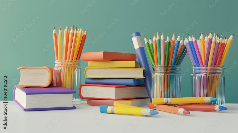Stacked books, pencil jars, colored pencils in 3D isolated Stacked books, pencil jars, colored pencils in 3D isolated