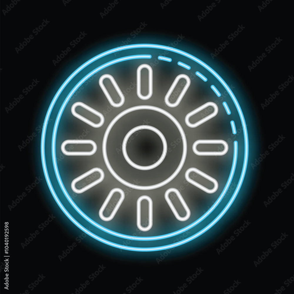 Glowing neon icon of a car wheel rim with spokes is isolated on a black background Glowing neon icon of a car wheel rim with spokes is isolated on a black background