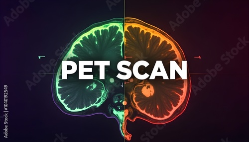 Colorful brain scan image with 'pet scan' text, symbolizing advanced imaging technology. photo