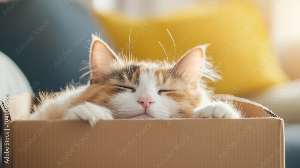 A cozy calico cat happily snoozing in a small cardboard box in a sunlit living room full of warmth and comfort A cozy calico cat happily snoozing in a small cardboard box in a sunlit living room full of warmth and comfort