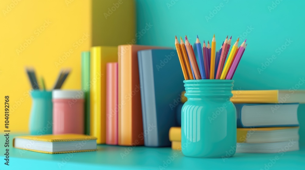 Fototapeta premium Stacked books, pencil jars, colored pencils in 3D isolated 