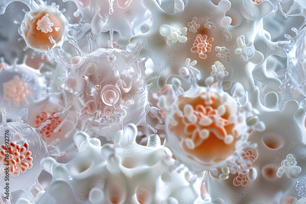 White Blood Cells: A detailed shot of various types of white blood cells (leukocytes) such as neutrophils, lymphocytes, and monocytes, showing their unique structures White Blood Cells: A detailed shot of various types of white blood cells (leukocytes) such as neutrophils, lymphocytes, and monocytes, showing their unique structures