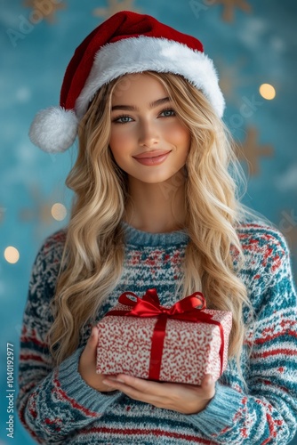 A smiling young woman in a Santa hat holds a beautifully wrapped gift in a fe...