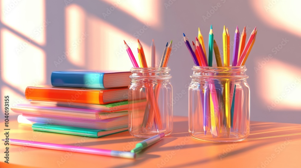 Obraz premium Stacked books, pencil jars, colored pencils in 3D isolated 