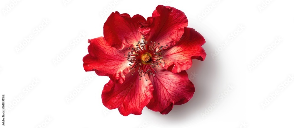 Top view of a red Rosa Chinensis on a white isolated background with clipping path for a banner featuring copy space image Top view of a red Rosa Chinensis on a white isolated background with clipping path for a banner featuring copy space image
