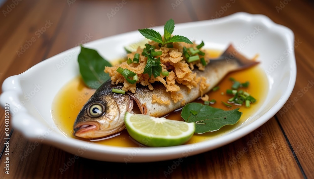 Deliciously prepared fish dish ready to be savored Deliciously prepared fish dish ready to be savored