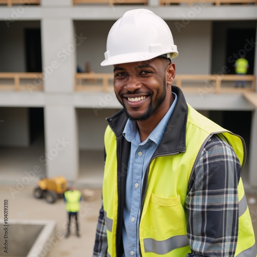 Portrait of an African American construction pro supervising work with smile helment  vest photo