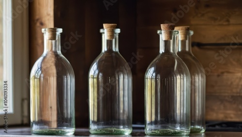 Four empty glass bottles with cork stoppers are neatly lined up on a wooden shelf, casting faint reflections in a dimly lit room.