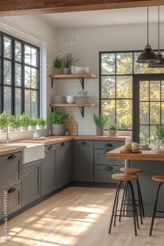 Bright and inviting kitchen interior with green plants and wooden bar stools