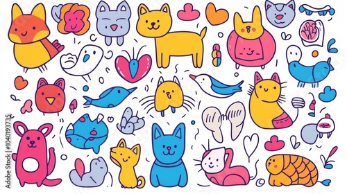 Wallpaper Mural Adorable cartoon pet doodles featuring playful animals in vibrant colors, perfect for adding a fun touch to any creative project Torontodigital.ca