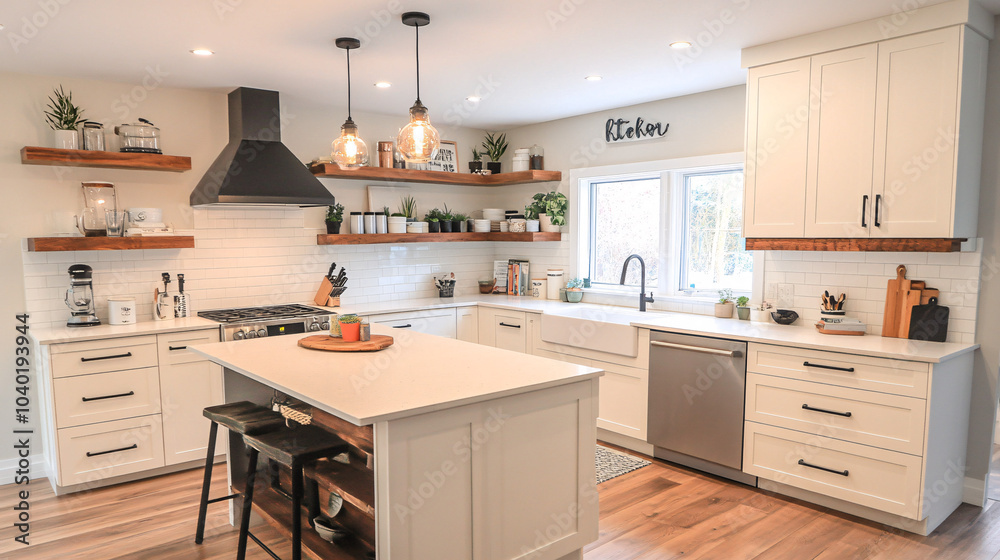 Minimalist kitchen with white cabinets, matte black hardware, and wooden shelves Minimalist kitchen with white cabinets, matte black hardware, and wooden shelves