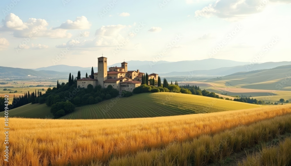 Fototapeta premium Elegant castle overlooking golden fields under a clear sky