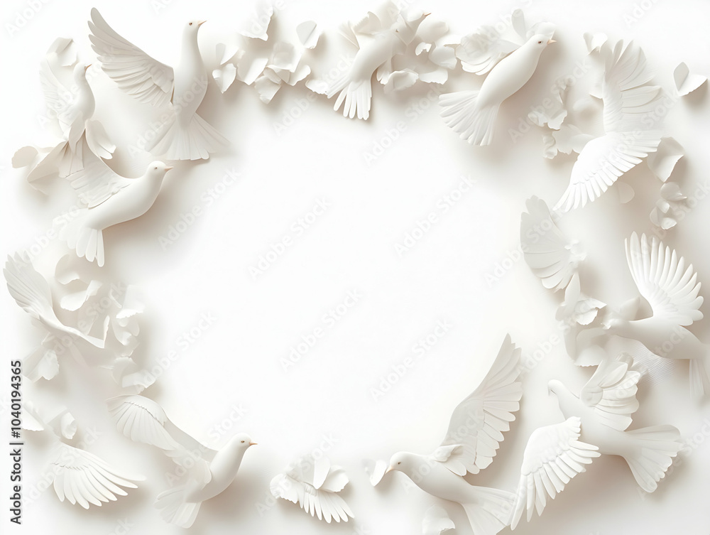 Flat White Dove Inner Peace Frame Concept - Wide Shot of White Dove Silhouettes in Flight Around Frame - Isolated on White Background for Janeiro Branco Mental Health Campaign Flat White Dove Inner Peace Frame Concept - Wide Shot of White Dove Silhouettes in Flight Around Frame - Isolated on White Background for Janeiro Branco Mental Health Campaign