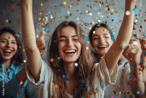 Joyful Celebration Amidst Flying Confetti and Laughter photo