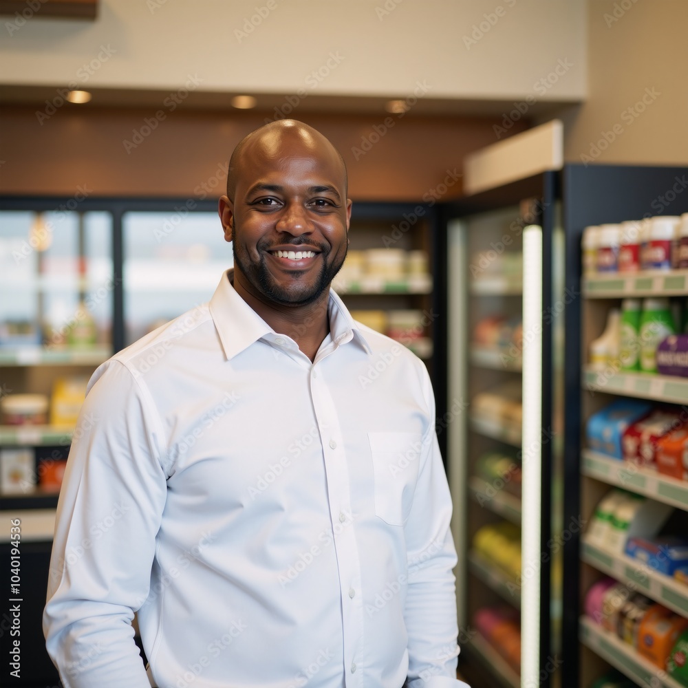Fototapeta premium Smiling African American male working as a store manager at a health food shop