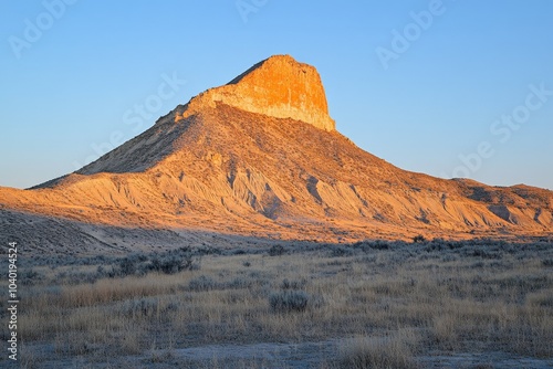 A sunlit mountain peak stands out in a barren desert landscape during golden hour, providing a stark contrast between light, shade and the earth’s rugged textures. photo