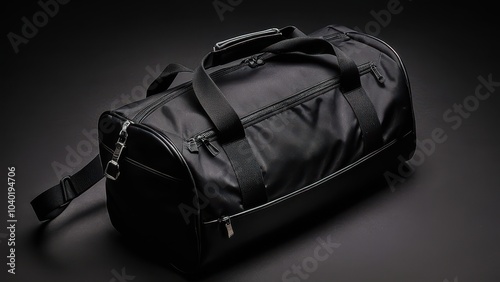 A sleek black duffle bag with strong straps and multiple zippers, elegantly lit against a dark background, showcasing its minimalist design. photo