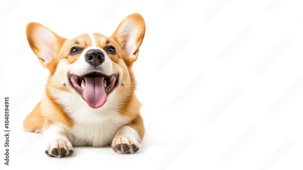 A joyful 14-week-old Welsh Corgi puppy winks and pants with happiness while sitting on a clean white background, radiating pure delight A joyful 14-week-old Welsh Corgi puppy winks and pants with happiness while sitting on a clean white background, radiating pure delight