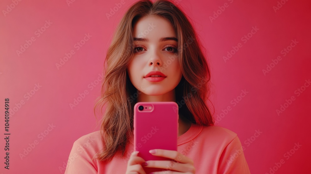 Naklejka premium A young beautiful woman with a phone on a bright uniform background