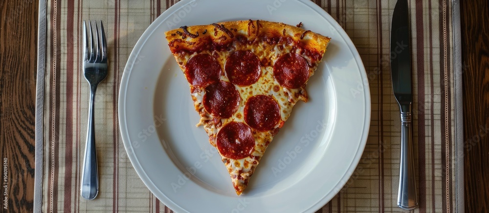 A slice of pepperoni pizza on a white plate set on a placemat with a fork and knife with copy space image A slice of pepperoni pizza on a white plate set on a placemat with a fork and knife with copy space image