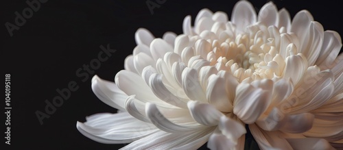 A macro shot of a chrysanthemum flower is seen with a black backdrop providing copy space image versatility