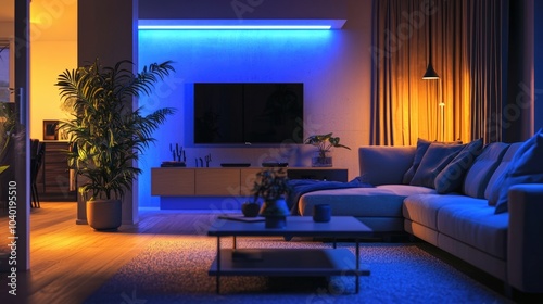 A living room with a blue couch, a coffee table, and a television