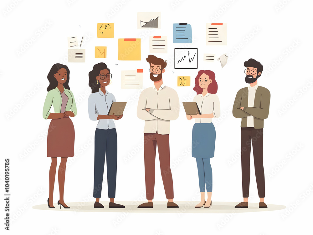 Flat Business Team Brainstorming Session on Plain White Background | Collaborative Decision Making | Wide Angle Shot of Team with Sticky Notes and Charts | Vector Illustration for Smart Business Tone 