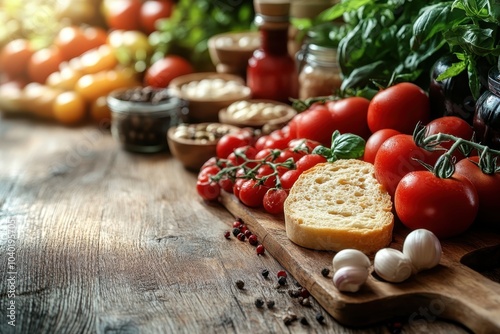 Fresh vegetables, herbs, and bread arranged neatly on a rustic wooden table in a cozy kitchen photo