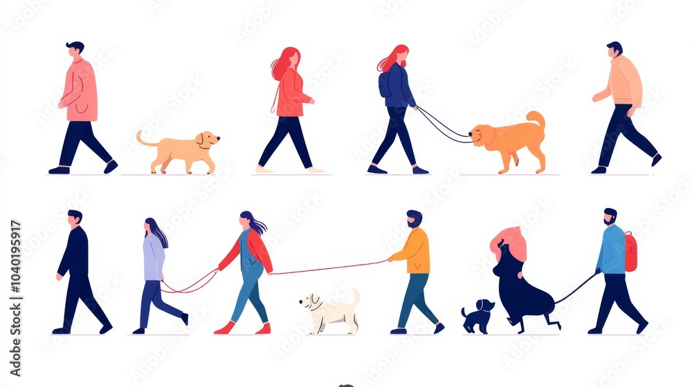 Fototapeta premium Charming day out as pet owners walk their dogs in a vibrant park setting, enjoying quality time with their beloved companions