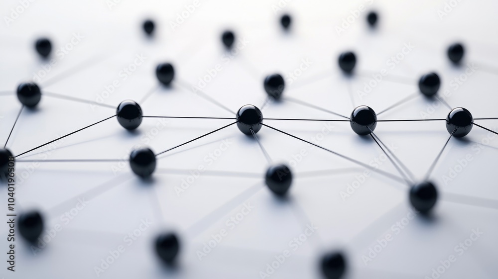 Black spheres connected by thin lines on white surface, representing network or connections Black spheres connected by thin lines on white surface, representing network or connections