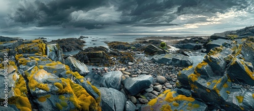 Fototapeta Naklejka Na Ścianę i Meble -  Scenic rocky seashore with stones adorned in yellow and green moss under a cloudy sky creating a picturesque landscape with copy space image