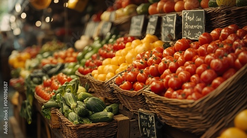 Fototapeta Naklejka Na Ścianę i Meble -  Vibrant Farmers Market with Fresh Produce: A Colorful Display of Locally Grown Fruits and Vegetables