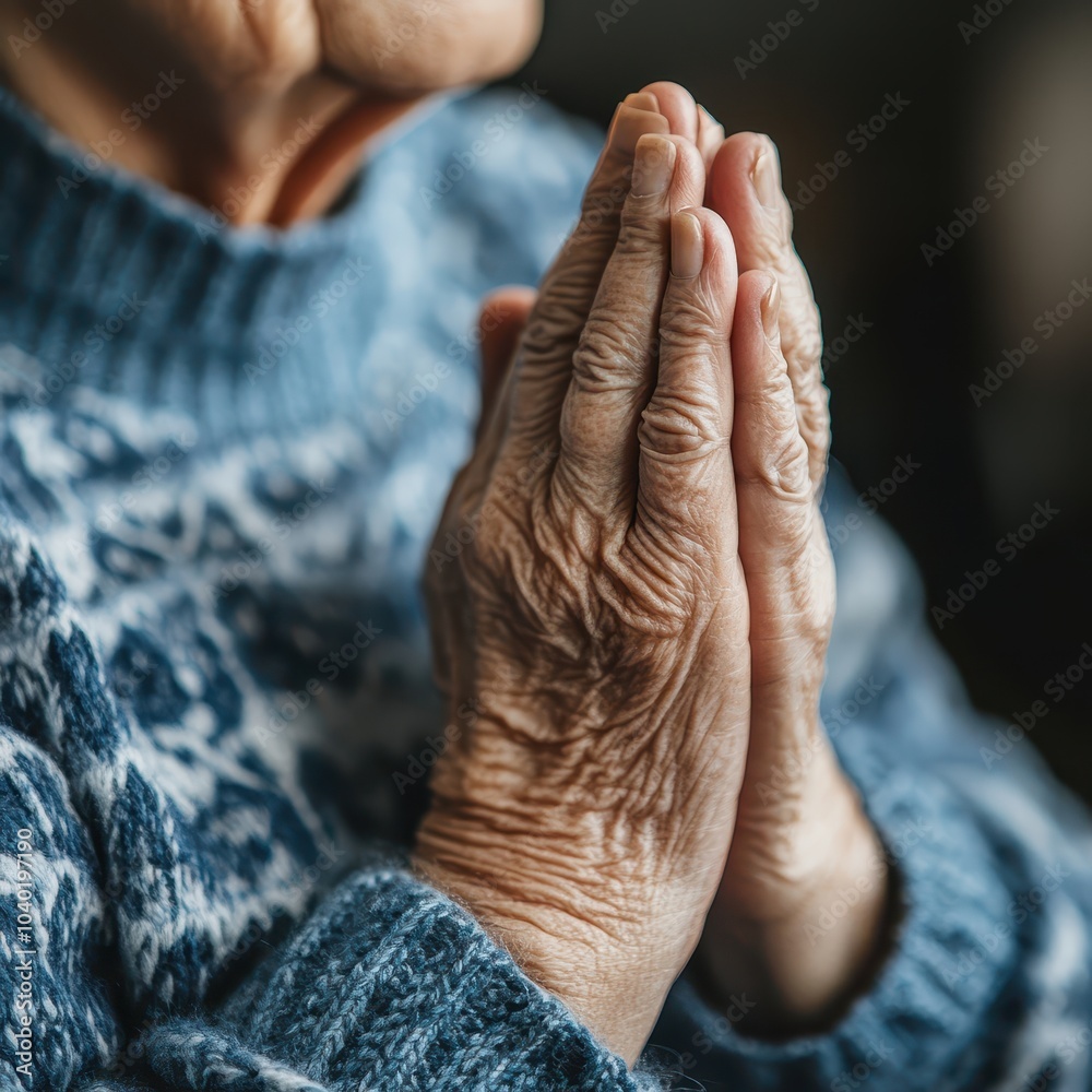 Fototapeta premium A close-up of an elderly person with hands clasped in prayer, participating in a mindfulness session