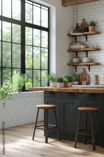 Bright and inviting kitchen interior with green plants and wooden bar stools