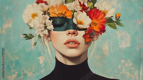 Abstract contemporary art collage portrait of young woman with flowers on face hides her eyes, oil painting